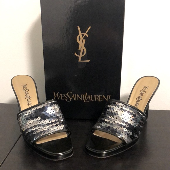 Yves Saint Laurent Shoes - EUC [Yves Saint Laurent] Black/Silver Sequined Heels Sz 6 w/ Original Box